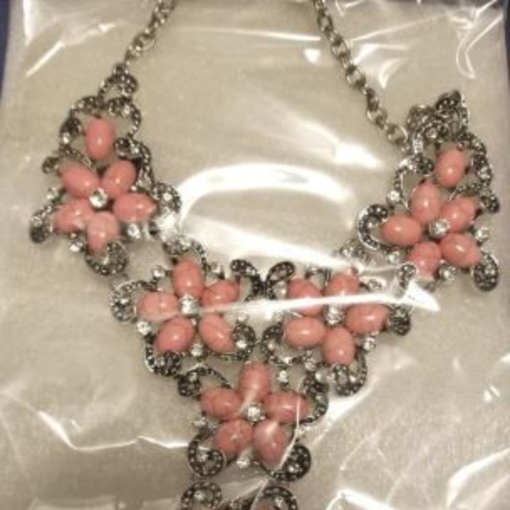 Pink Howlite, White Austrian Crystal Necklace